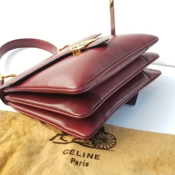CELINE Vintage Rare Horse Carriage Burgundy Red Leather Top handle Classic Purse - Picture 10 of 16